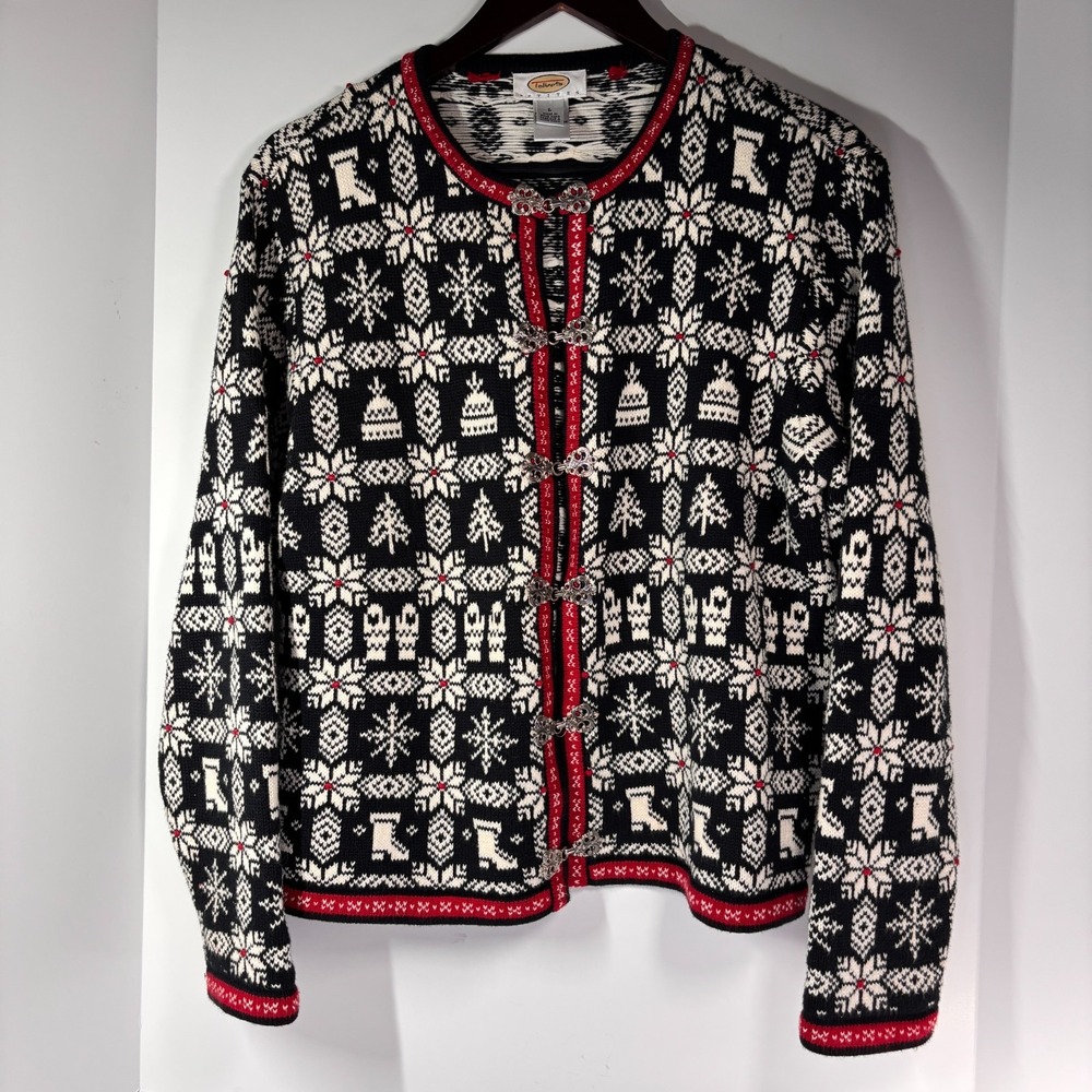 Vintage Talbots Sweater Womens Large Black Fair Isle Cardigan Xmas 90s Buckles